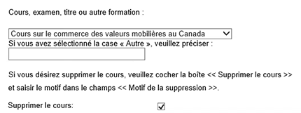 Saisie d’écran affichant un menu déroulant où on peut sélectionner un cours, un examen, un titre ou une autre formation.